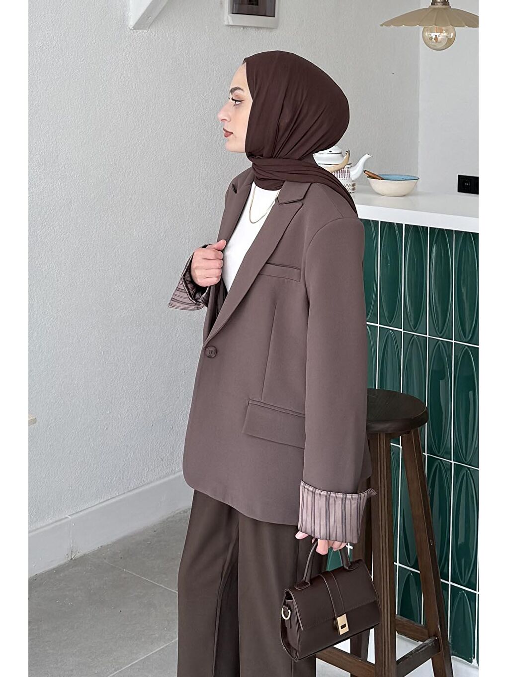 Astarı Çizgili Atlas Ceket Kahverengi-1