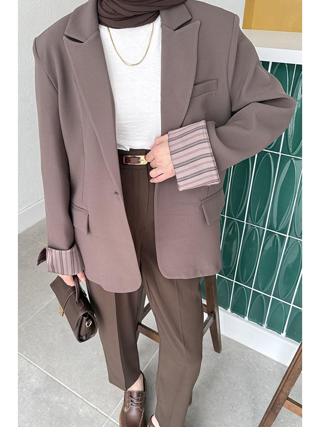 Astarı Çizgili Atlas Ceket Kahverengi-2