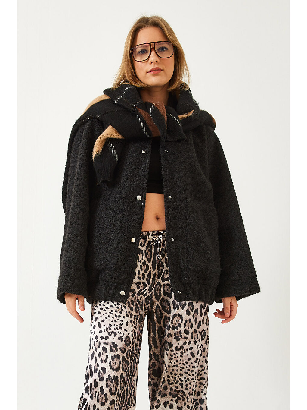 Siyah Kadın Kaşe Bomber Ceket-1