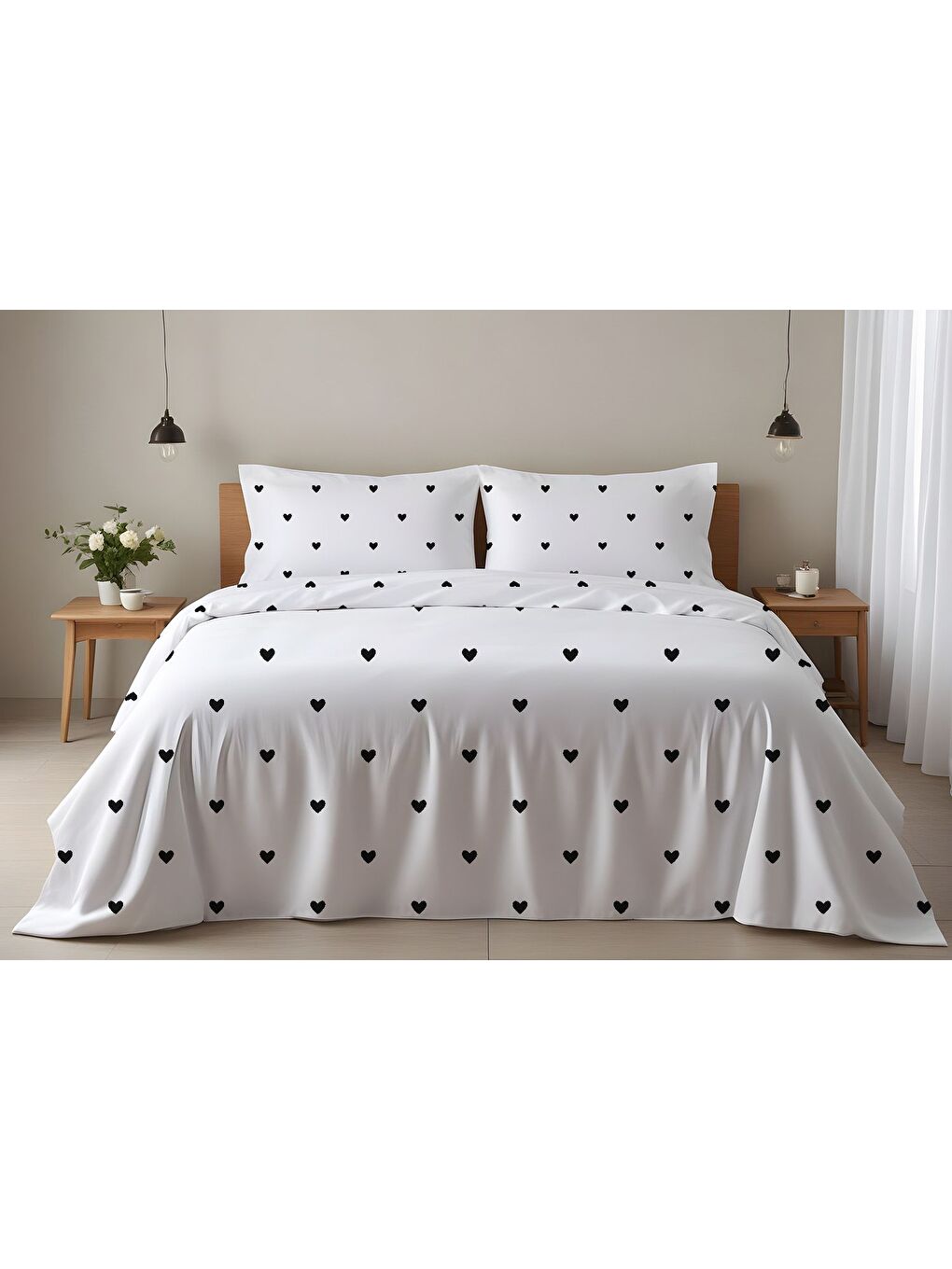 Karışık Kalp Desenli Çift Kişilik Pamuklu Nevresim Takımı 200x220 cm Çift Taraf Baskılı