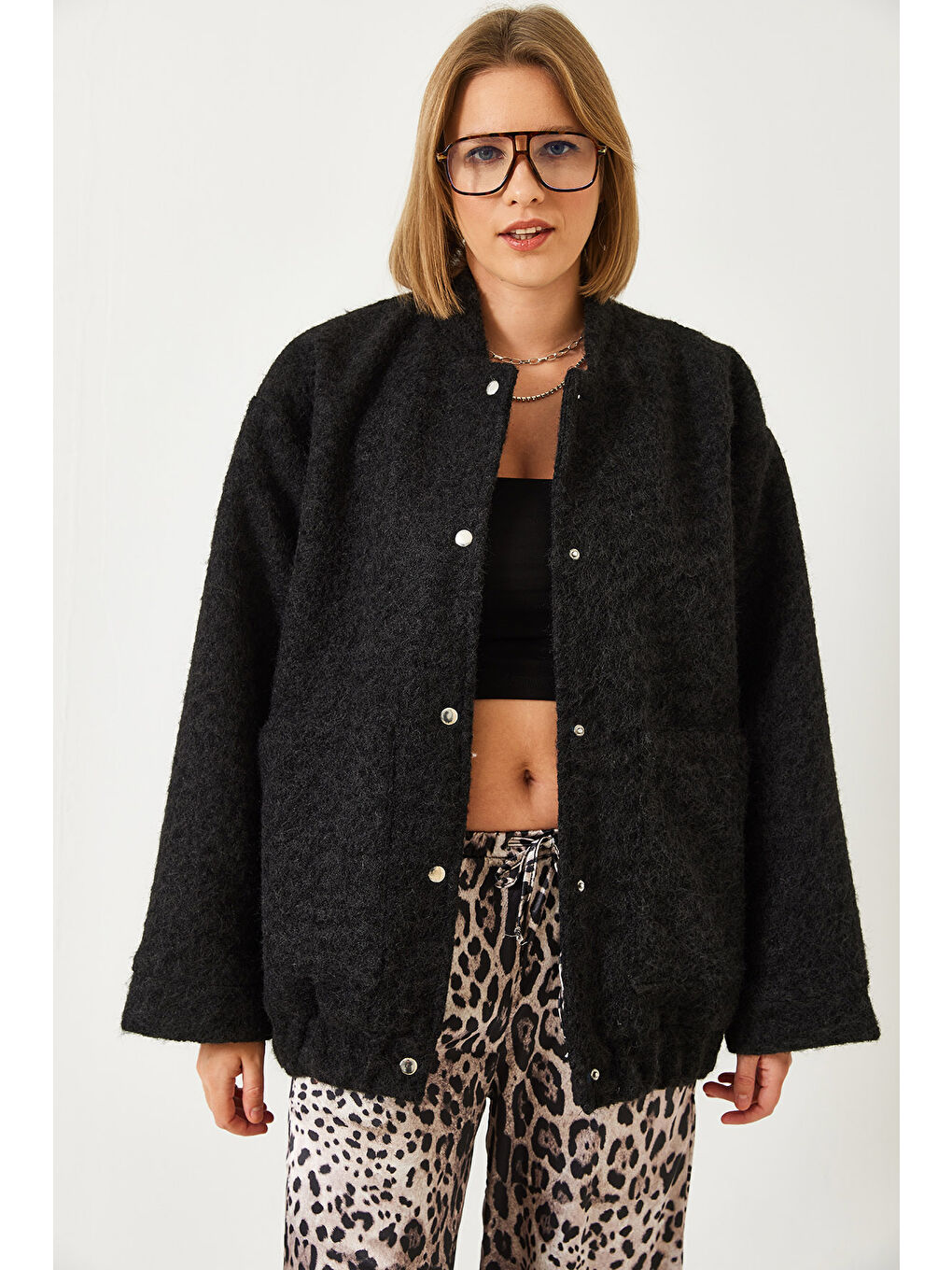 Siyah Kadın Kaşe Bomber Ceket-3