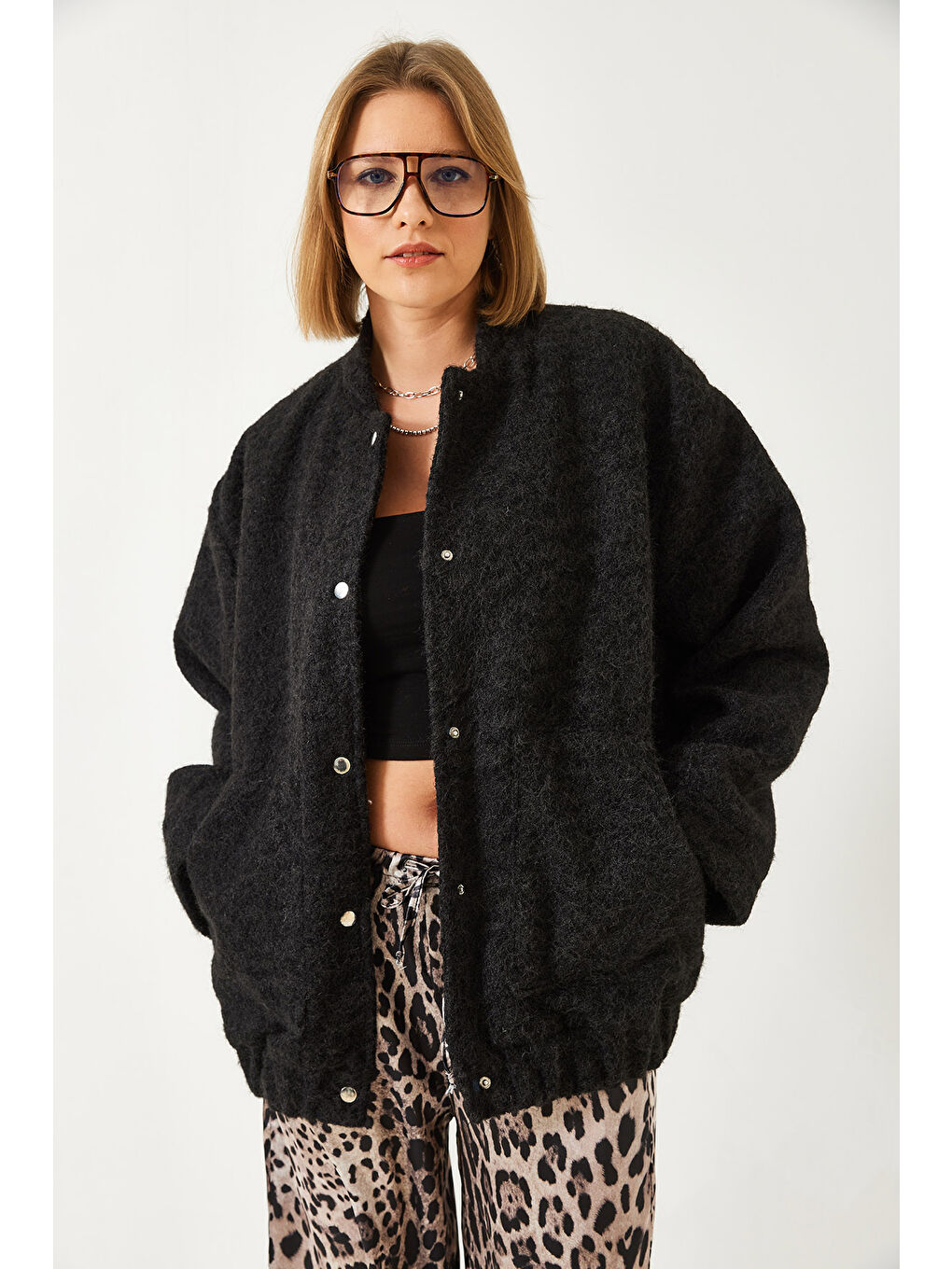 Siyah Kadın Kaşe Bomber Ceket-5