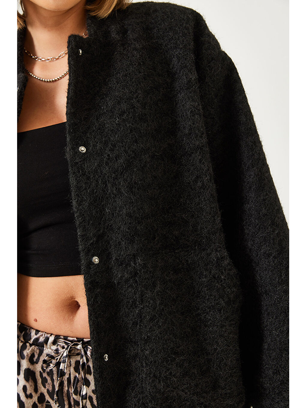 Siyah Kadın Kaşe Bomber Ceket-6