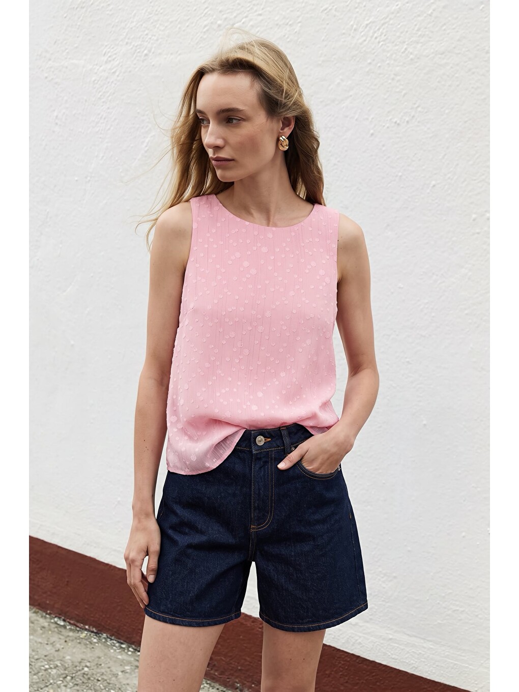 Dokulu Kolsuz Bluz - Pembe-1