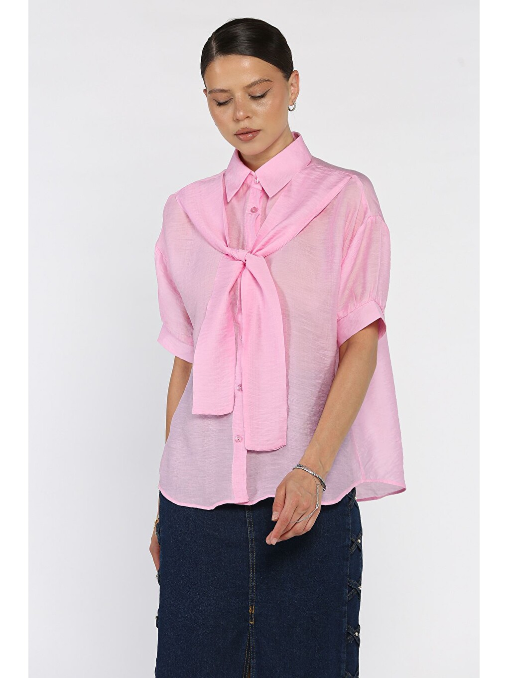 Pembe Kadın Kısa Kol Salaş Gömlek-1