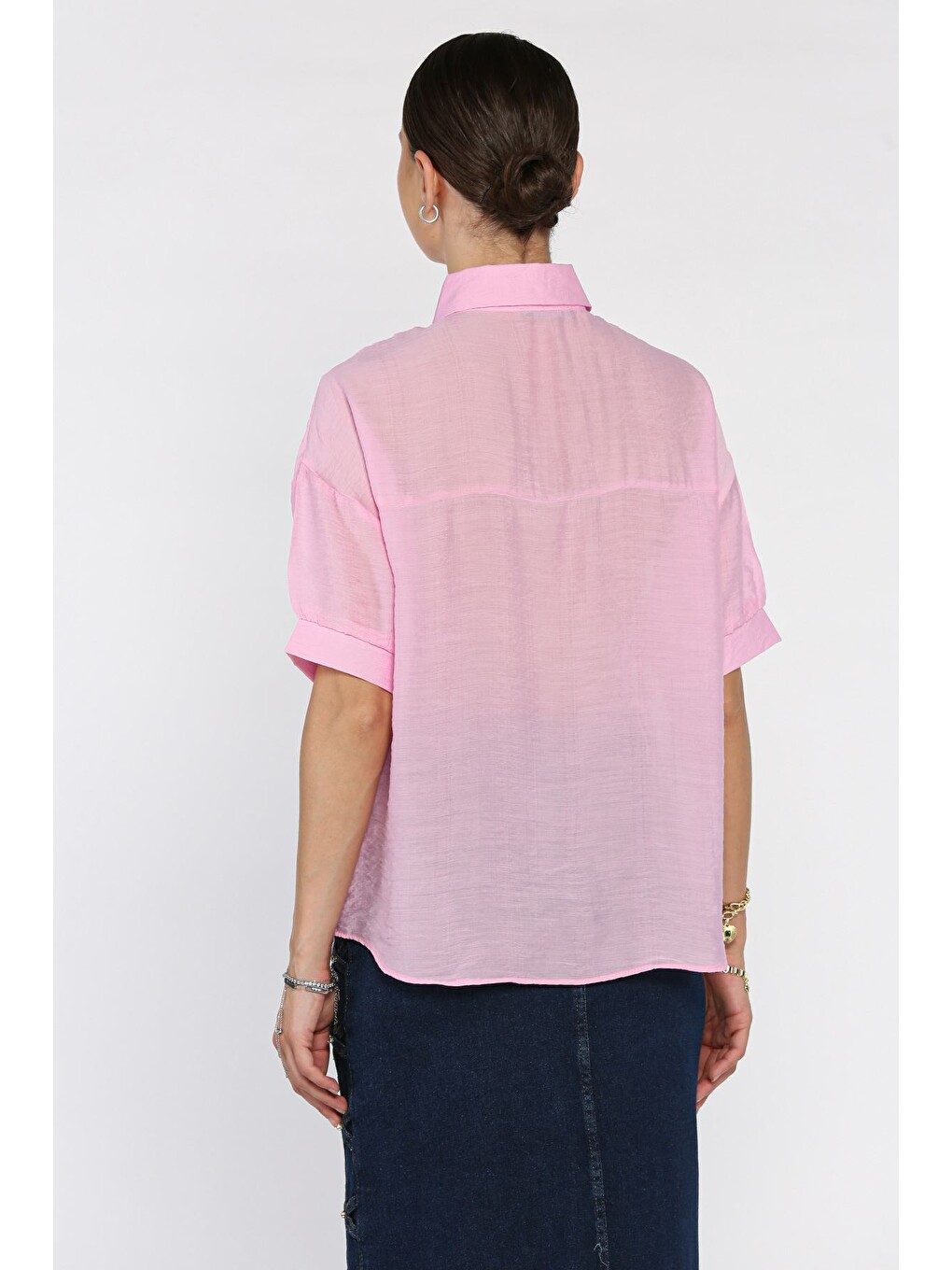 Pembe Kadın Kısa Kol Salaş Gömlek-2