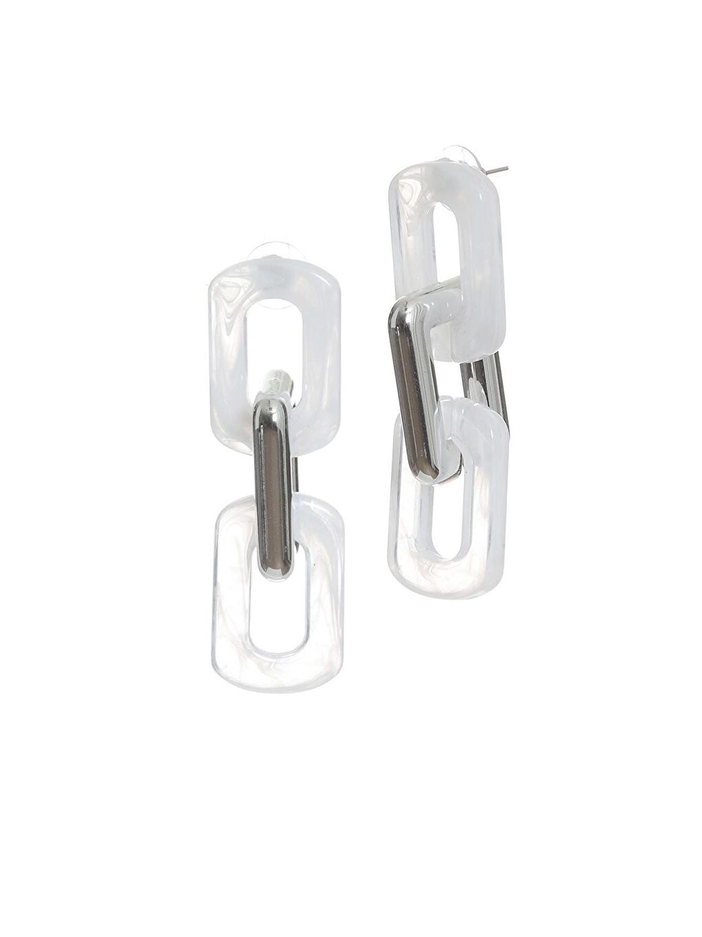 Kadın Kalın Zincir Formlu Beyaz &Gümüş Renk Çivili Model Akrilik Tasarım Küpe