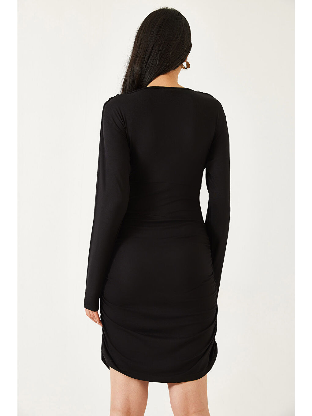 Siyah Kadın Yanları Büzgülü Elbise-7