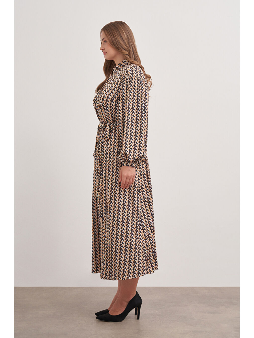 Kahverengi 4638112 Balon Kol Elbise-1