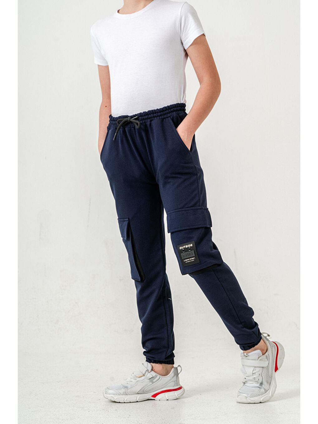 Lacivert Çift Kargo Cepli Sol Cep Kapagı Armalı Erkek Çoçuk Eşofman Altı-4