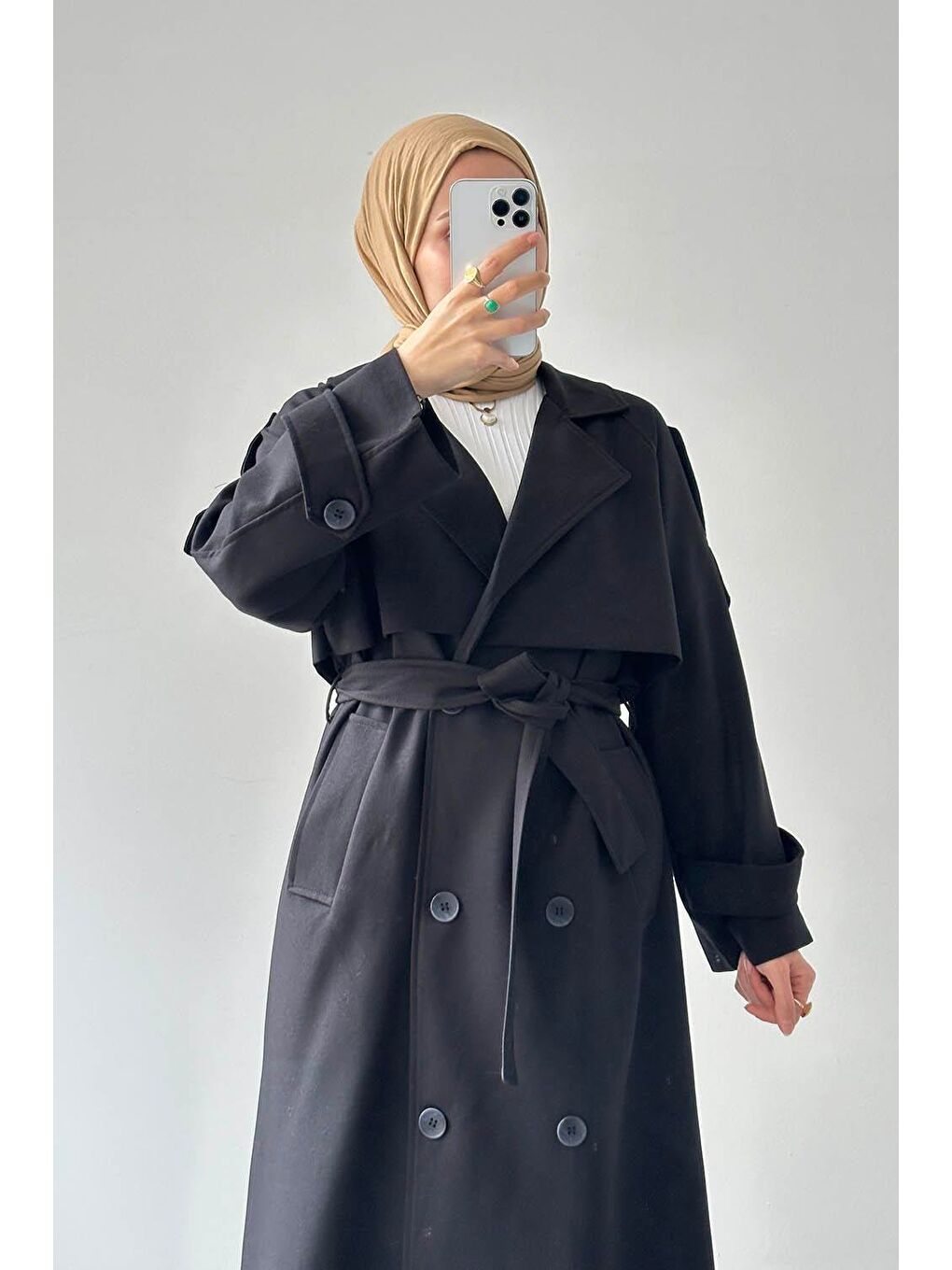 Fleto Cep Omuz Apoletli Trençkot Siyah-2