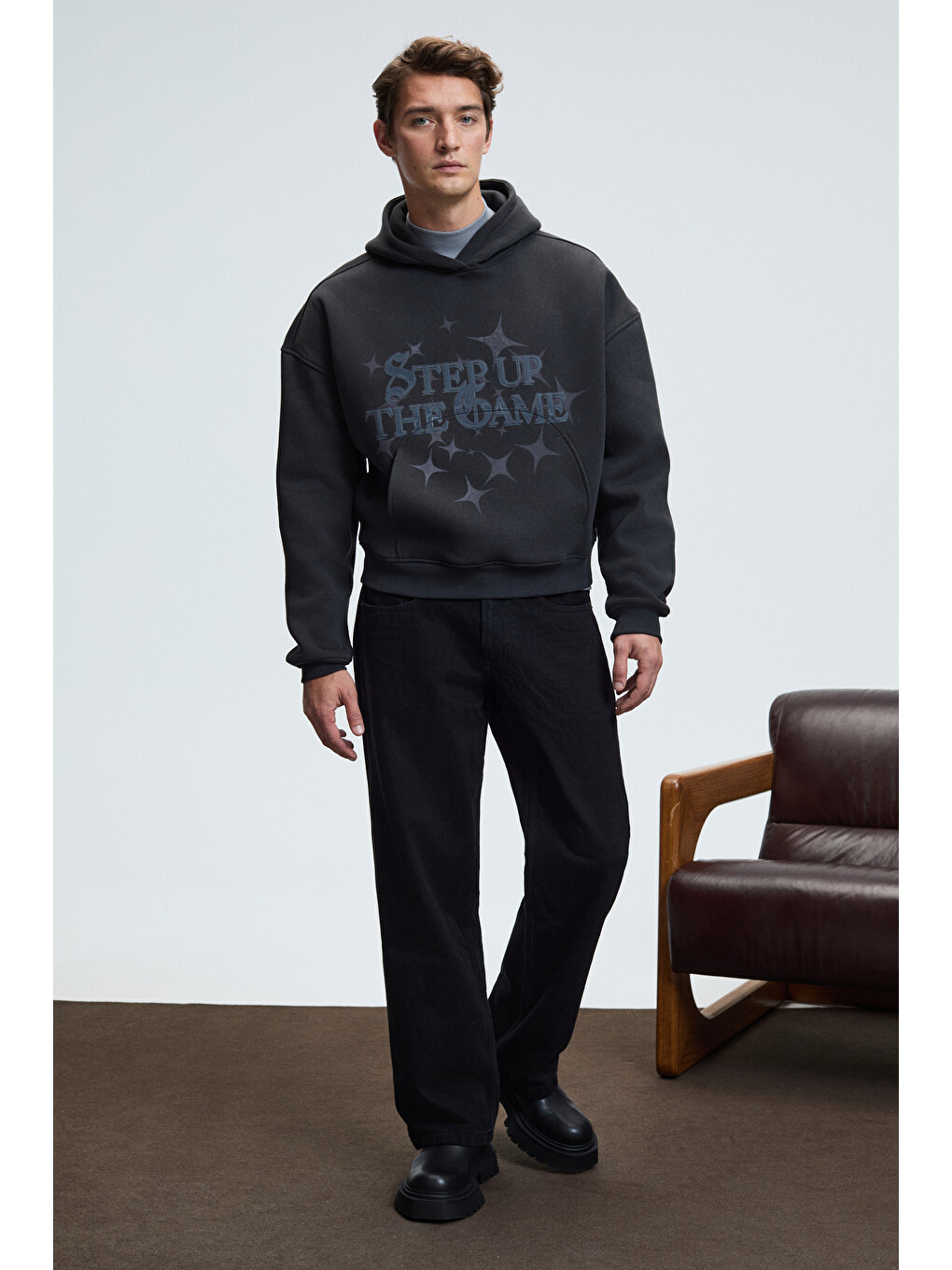 Truett Erkek Kapüşonlu Kanguru Cepli Önü Ve Sırtı Baskılı Oversize Antrasit Sweatshirt