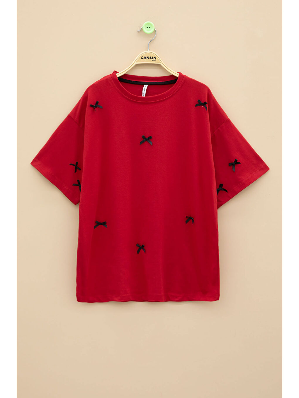 Kırmızı Fiyonk Nakışlı Kısa Kol Kız Çocuk Oversize Tişört 20799