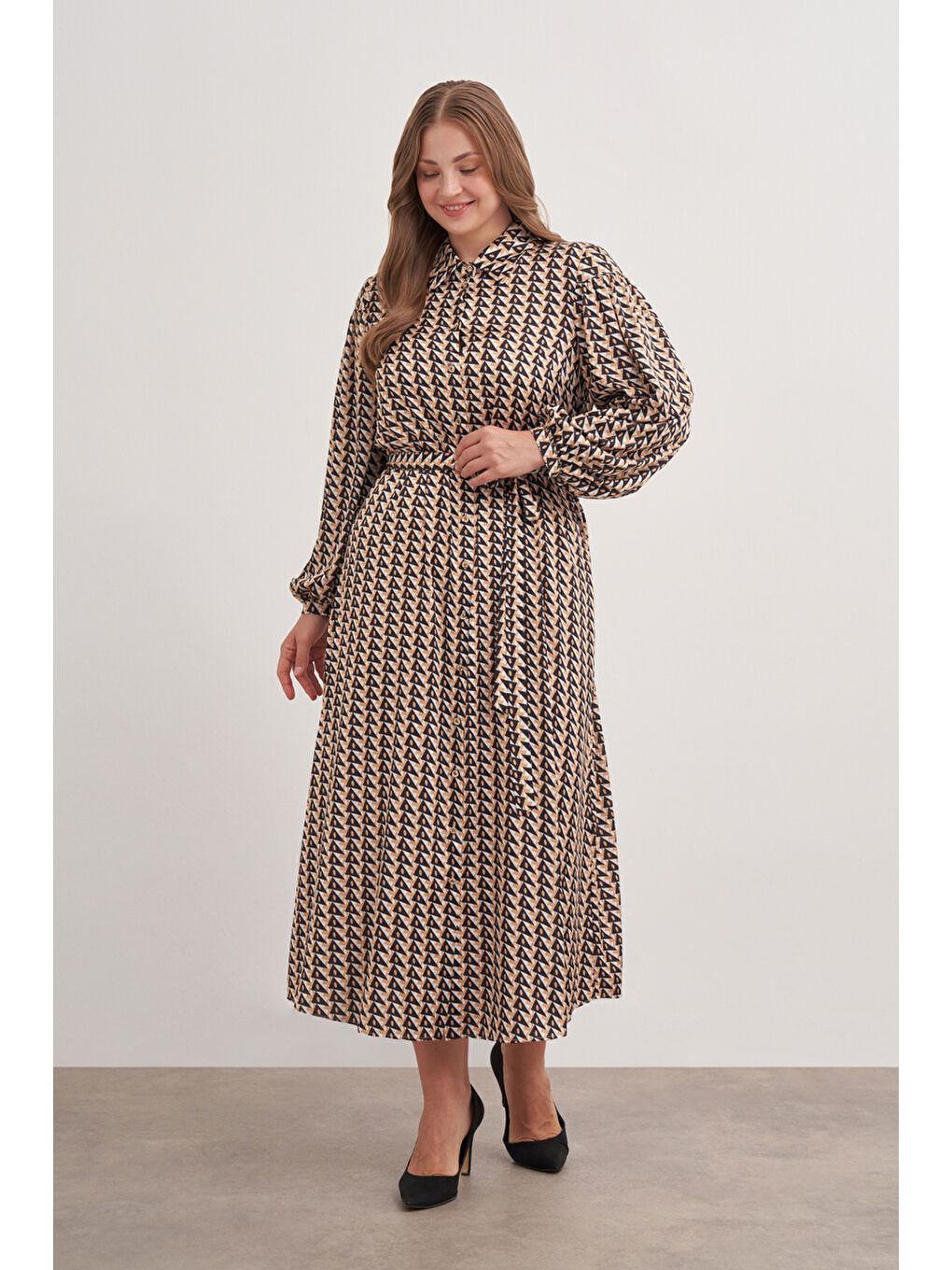 Kahverengi 4638112 Balon Kol Elbise-3