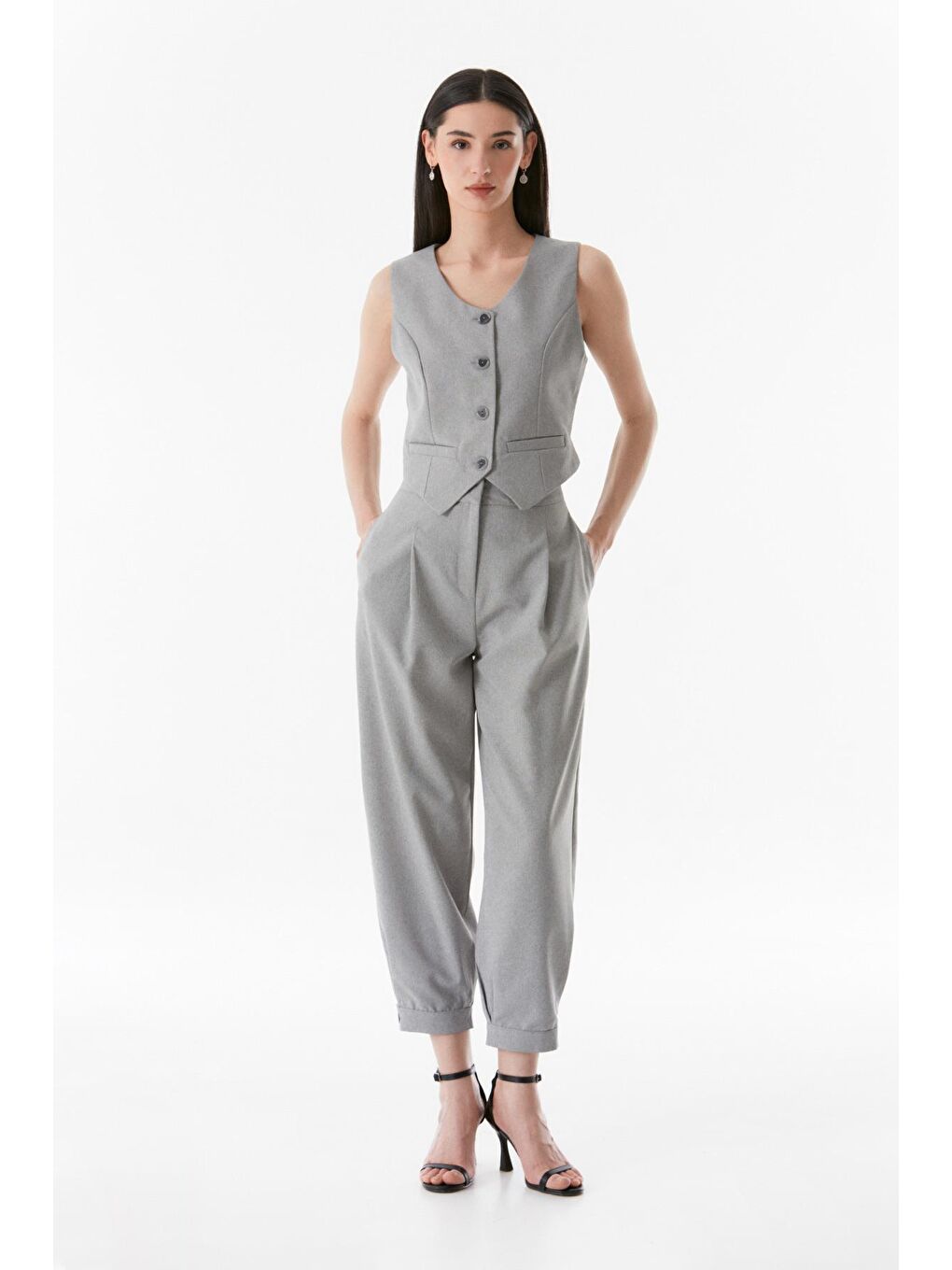 Gri Basic Kruvaze Yaka Cep Detaylı Yelek-1