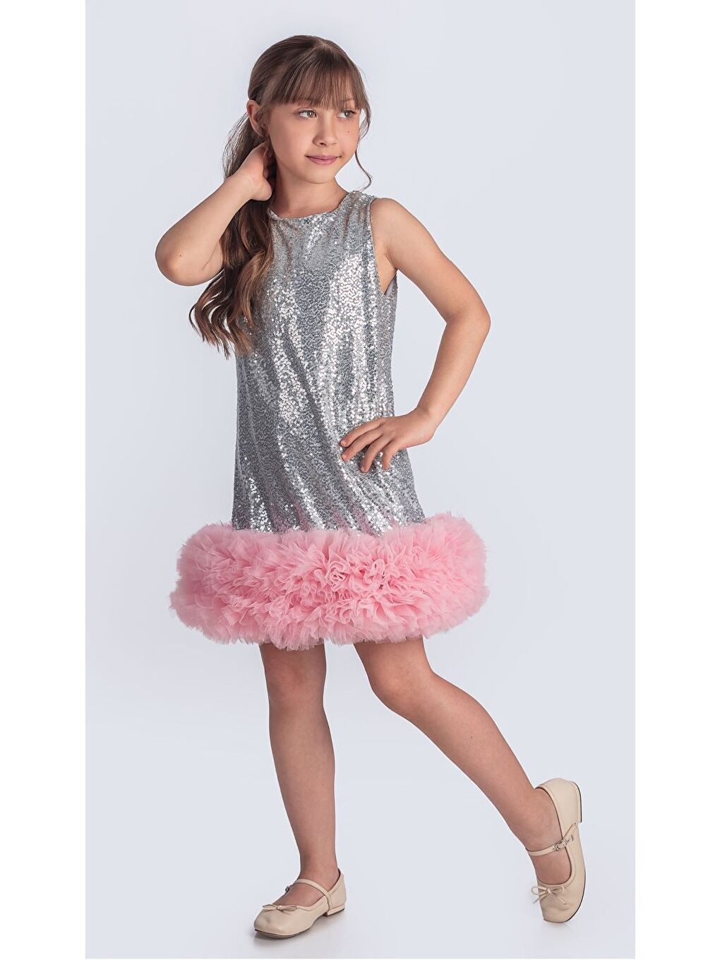 Gri Pul Payet İfestos Taçlı Tütü Çocuk Özel Abiye M00743-5