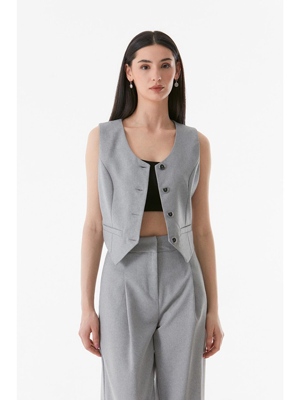 Gri Basic Kruvaze Yaka Cep Detaylı Yelek-2