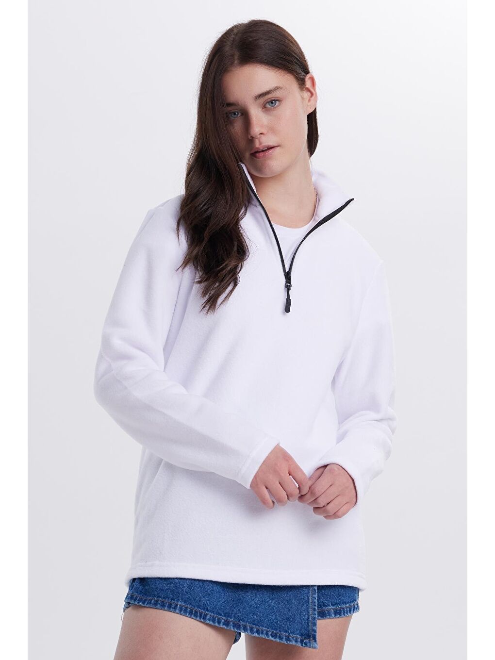 Kadın Standart Fit Antipilling Tüylenme Yapmayan Soğuk Geçirmez Ekru Bato Yaka Polar Sweatshirt