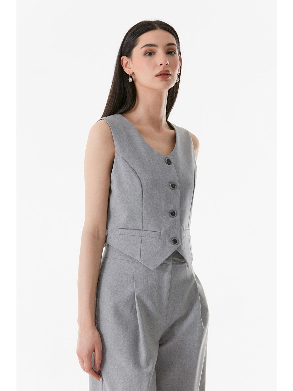 Gri Basic Kruvaze Yaka Cep Detaylı Yelek-3