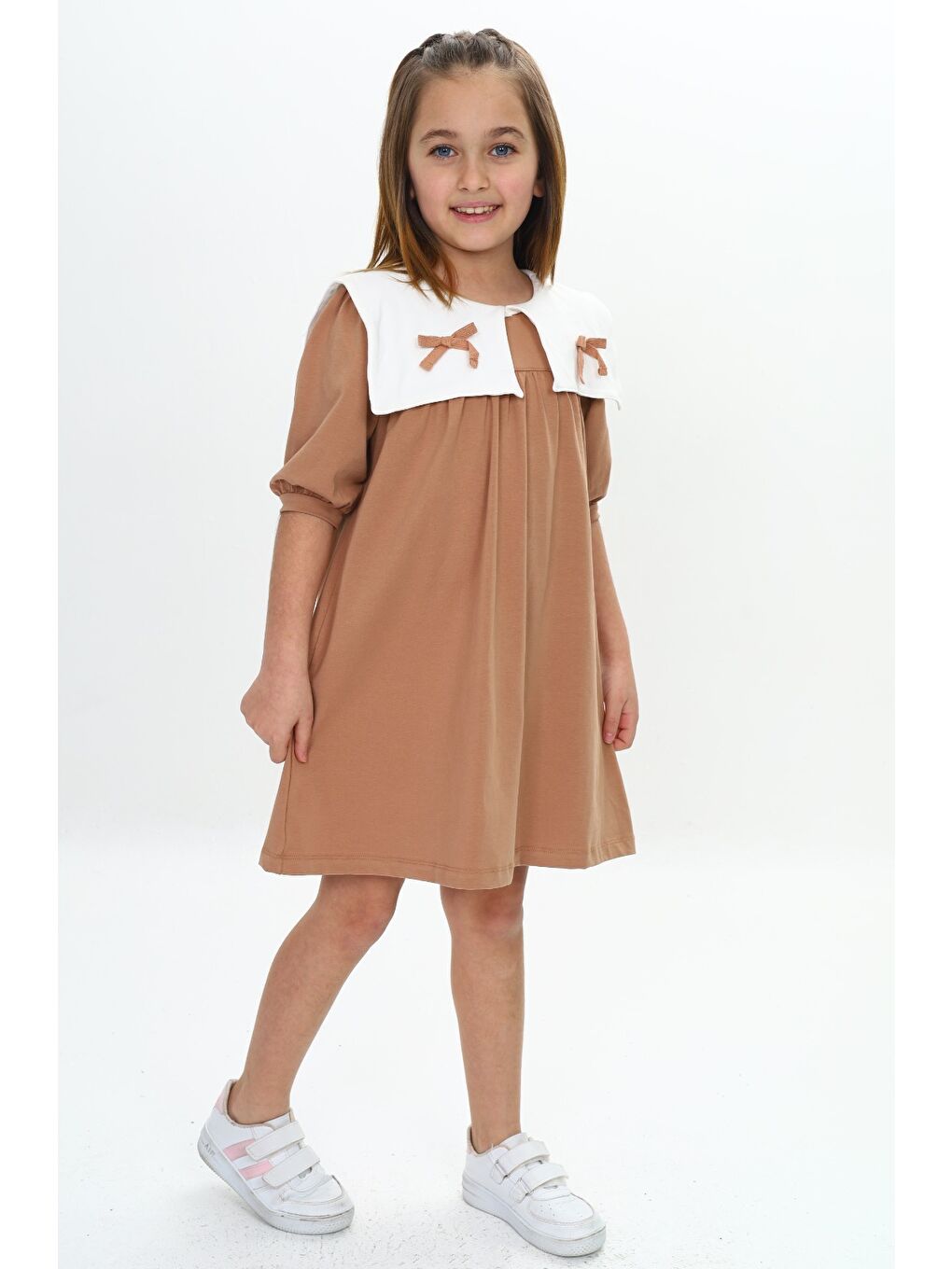 Bej Kız Çocuk Yaka Detaylı Elbise-3