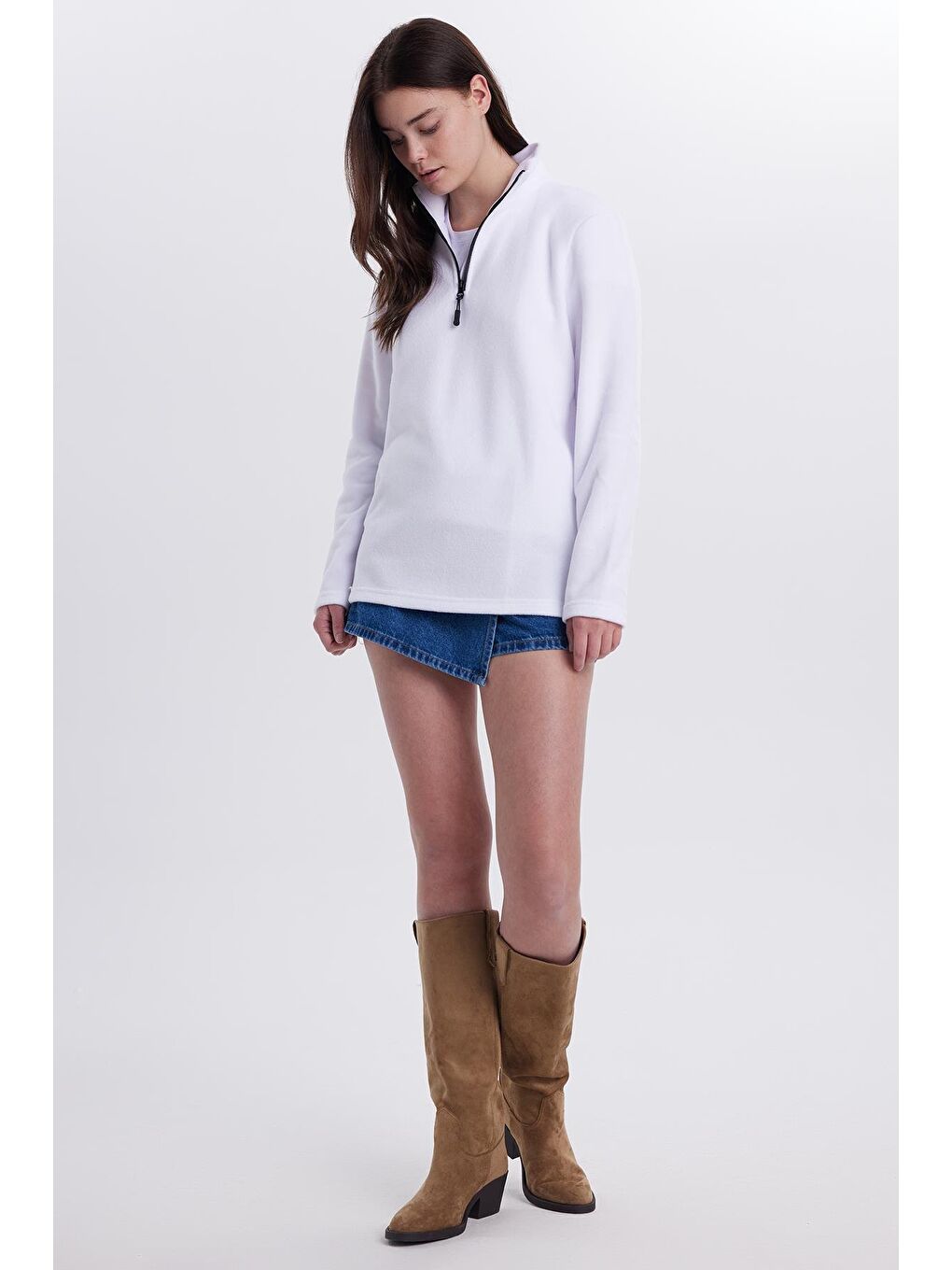 Kadın Standart Fit Antipilling Tüylenme Yapmayan Soğuk Geçirmez Ekru Bato Yaka Polar Sweatshirt-3