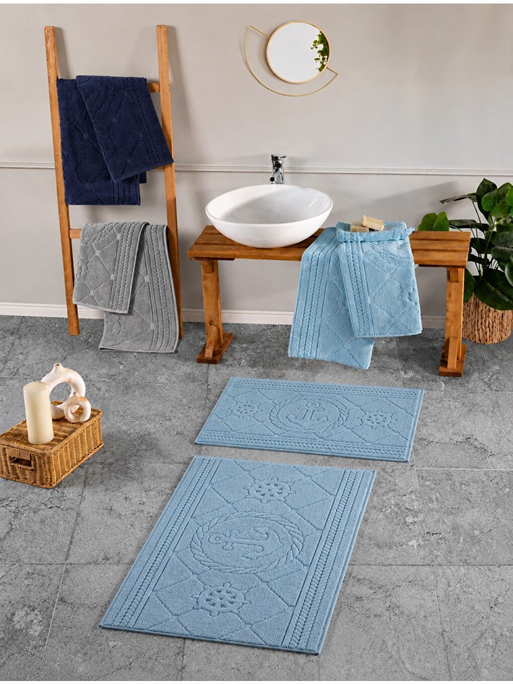 Mavi Pasifik Kabartma Çiçek Desenli 2’li Banyo Paspas Seti Yumuşak Dokulu Modern Banyo Halısı