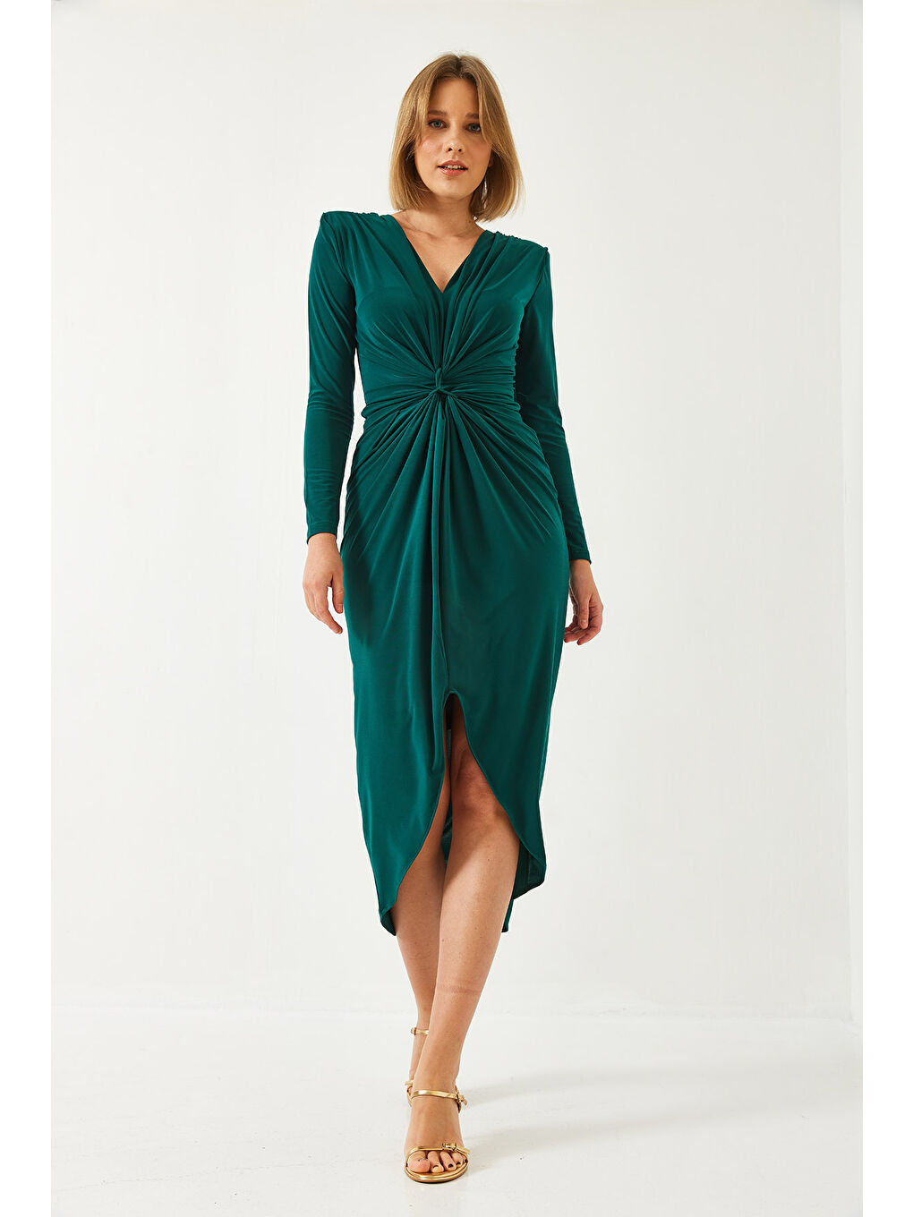 Haki Kadın V Yaka Önü Büzgülü Candy Kumaş Elbise-2