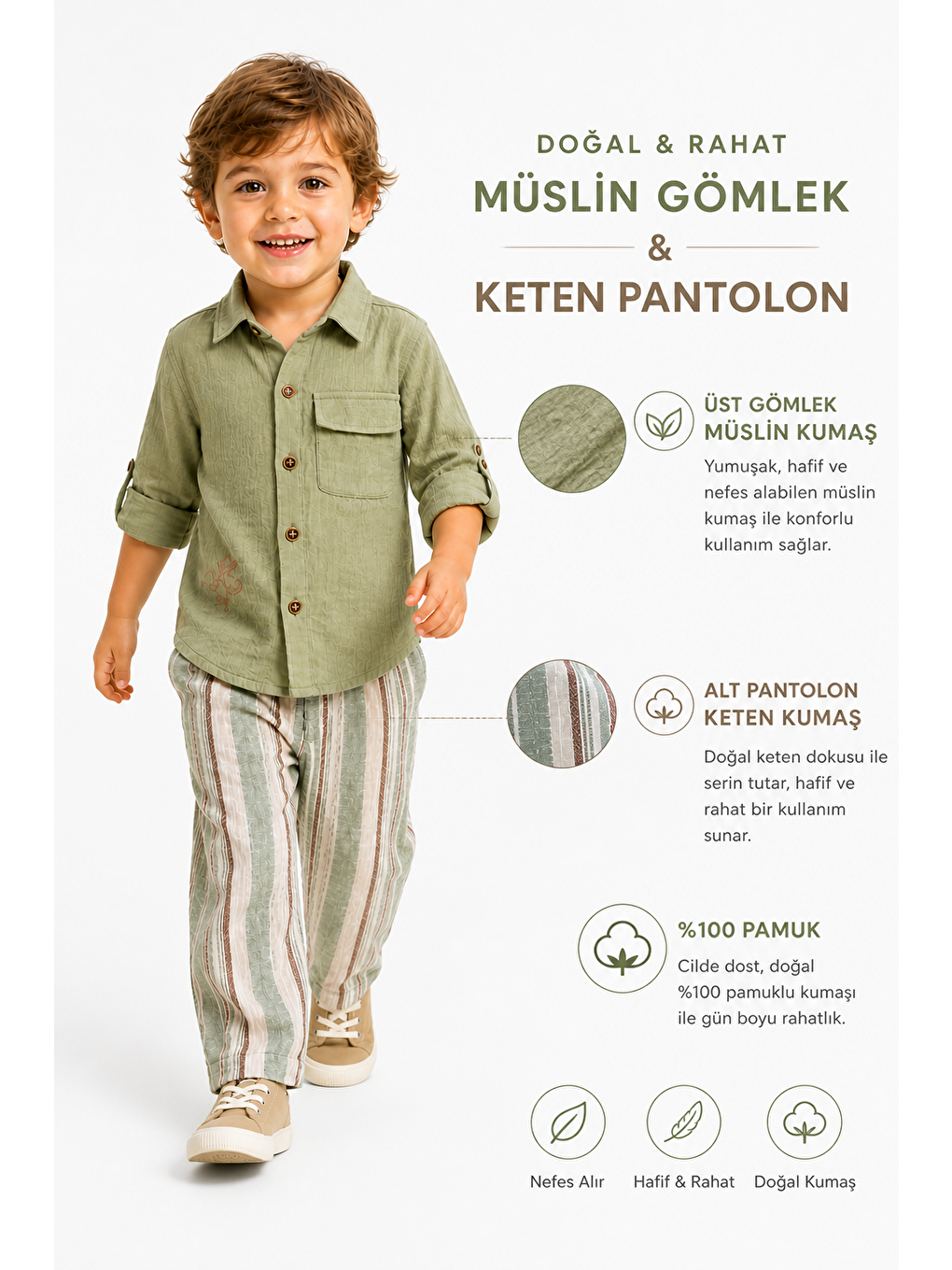Yeşil Erkek Çocuk Müslin Gömlek-Keten Pantolon Takım-3