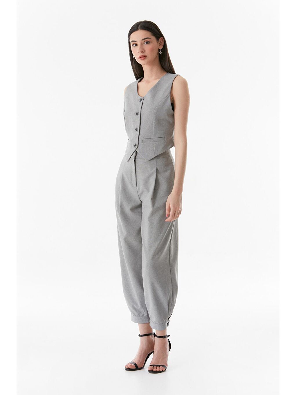 Gri Basic Kruvaze Yaka Cep Detaylı Yelek-4