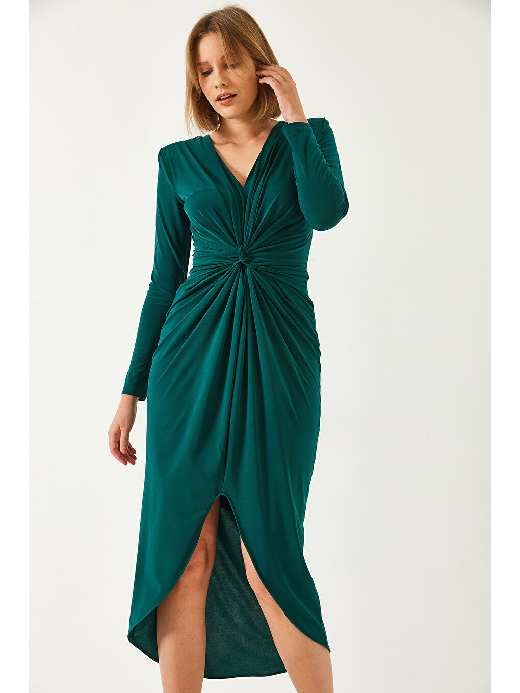 Haki Kadın V Yaka Önü Büzgülü Candy Kumaş Elbise-3