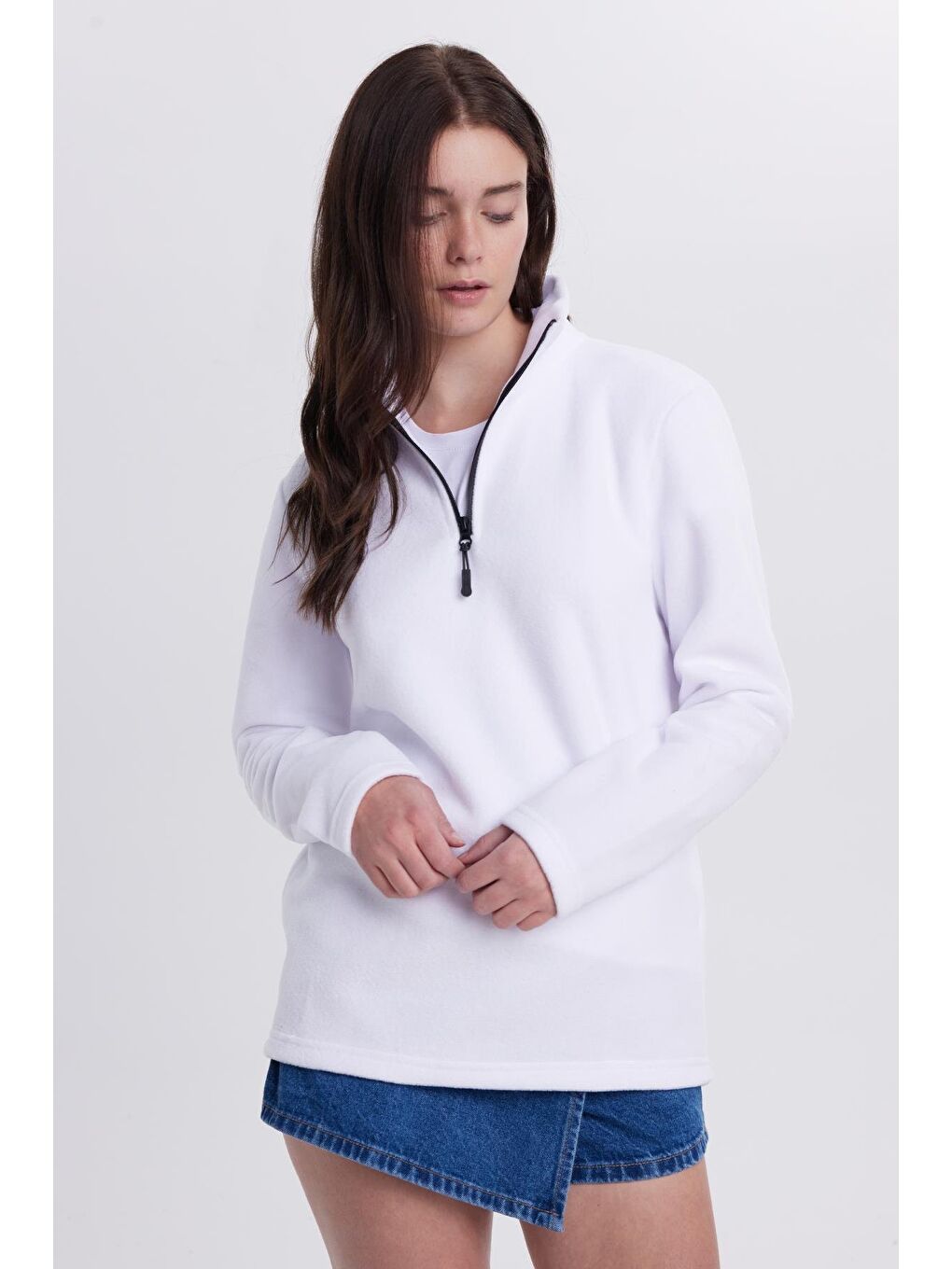 Kadın Standart Fit Antipilling Tüylenme Yapmayan Soğuk Geçirmez Ekru Bato Yaka Polar Sweatshirt-4