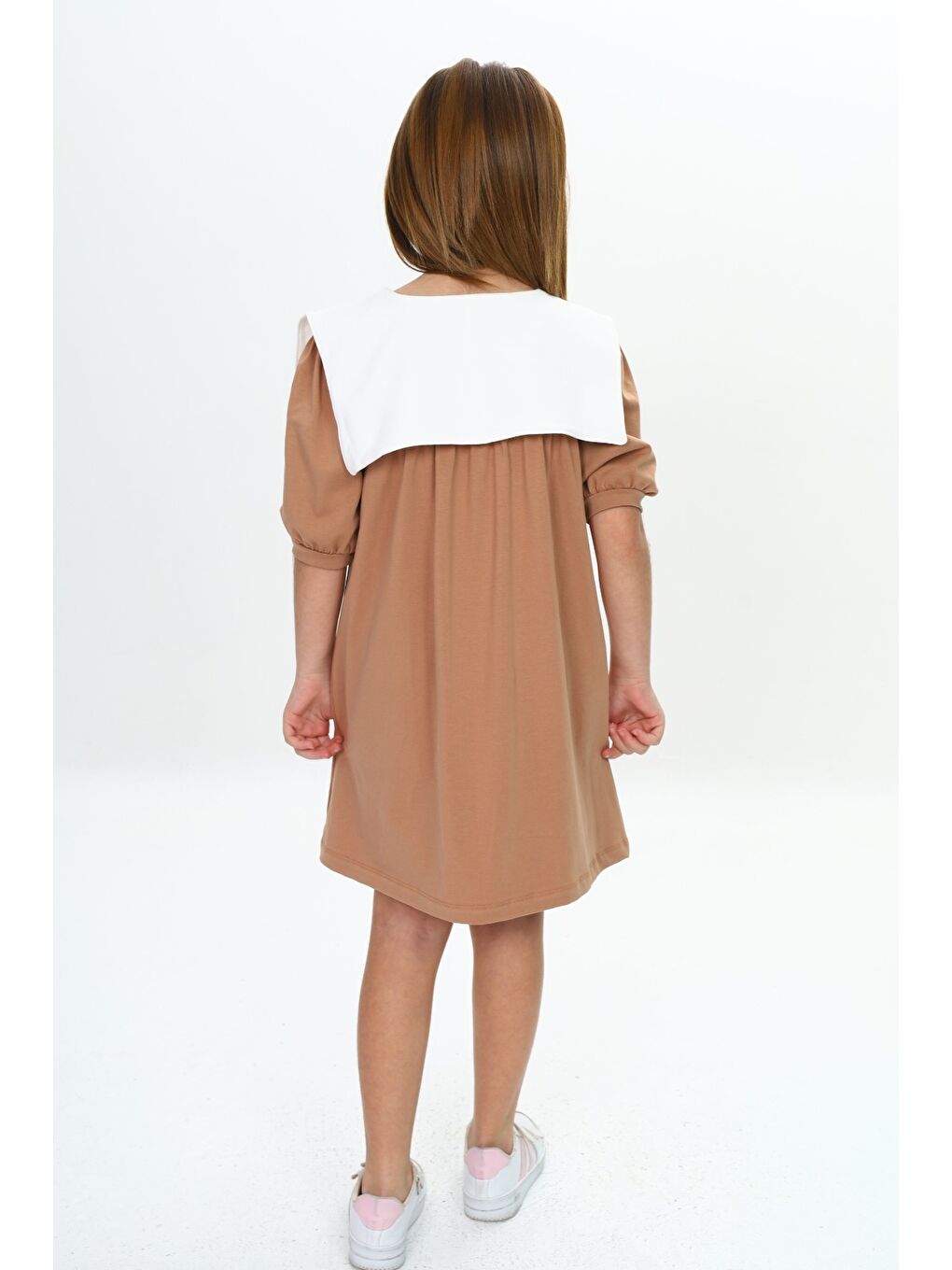 Bej Kız Çocuk Yaka Detaylı Elbise-5