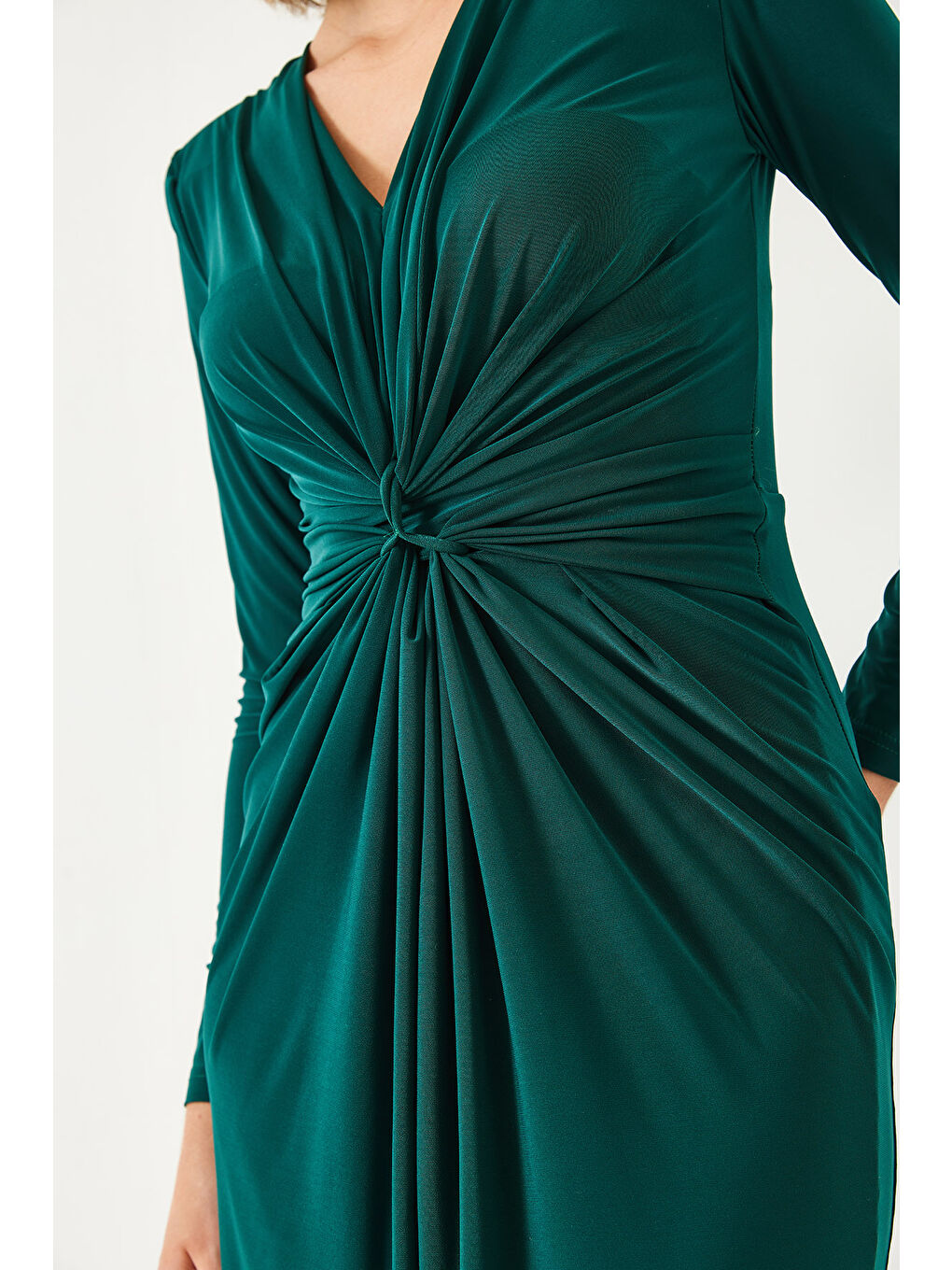 Haki Kadın V Yaka Önü Büzgülü Candy Kumaş Elbise-4