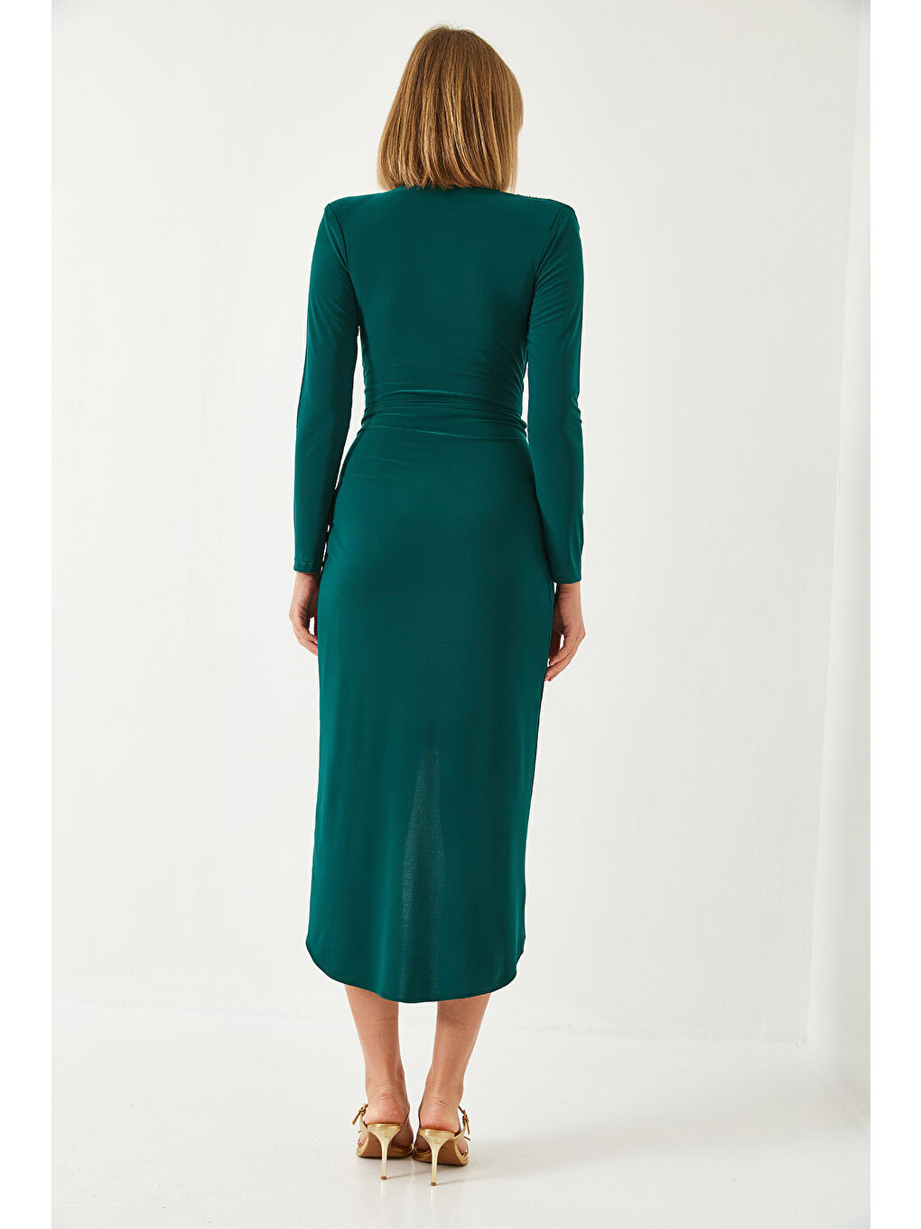 Haki Kadın V Yaka Önü Büzgülü Candy Kumaş Elbise-5