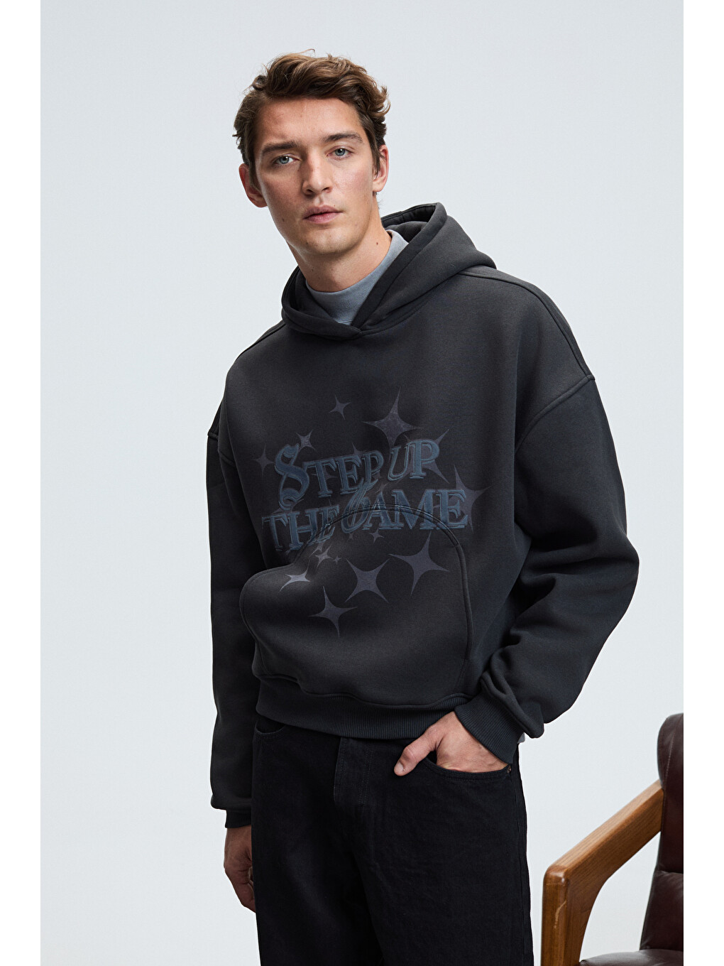 Truett Erkek Kapüşonlu Kanguru Cepli Önü Ve Sırtı Baskılı Oversize Antrasit Sweatshirt-1