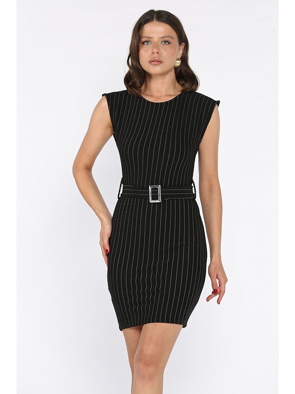 Siyah Kemerli Çizgi Desenli Kadın Elbise