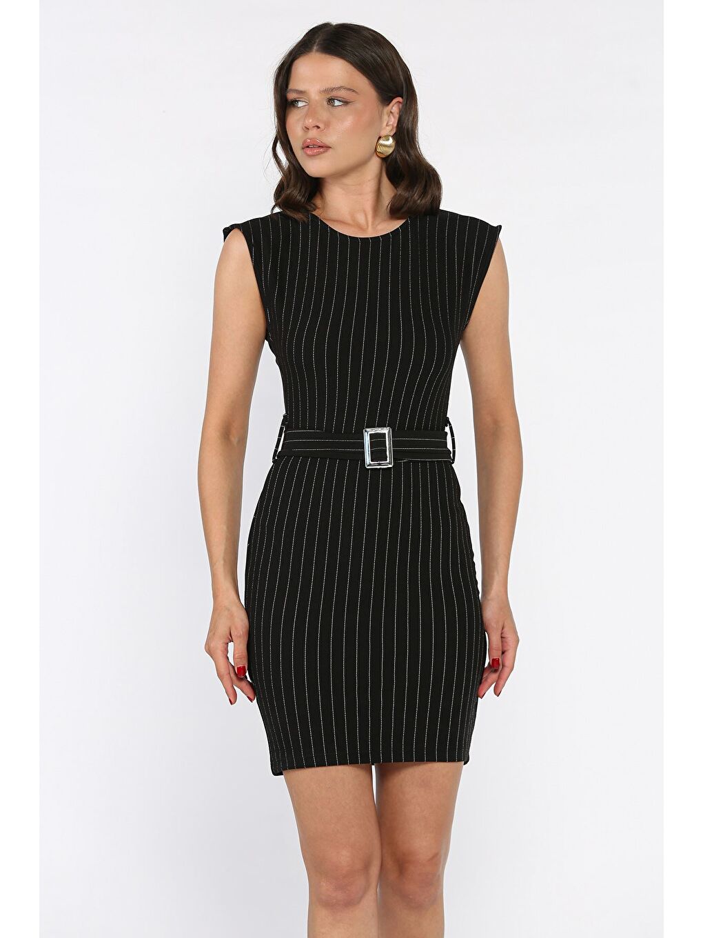 Siyah Kemerli Çizgi Desenli Kadın Elbise-1