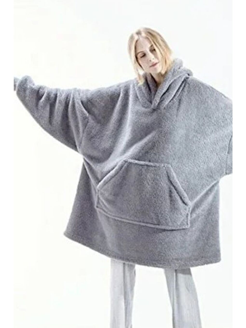 Gri Wellsoft Kapüşonlu Giyilebilir Tv Battaniyesi Unisex Over Size