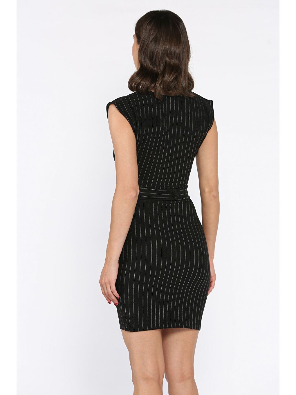 Siyah Kemerli Çizgi Desenli Kadın Elbise-2