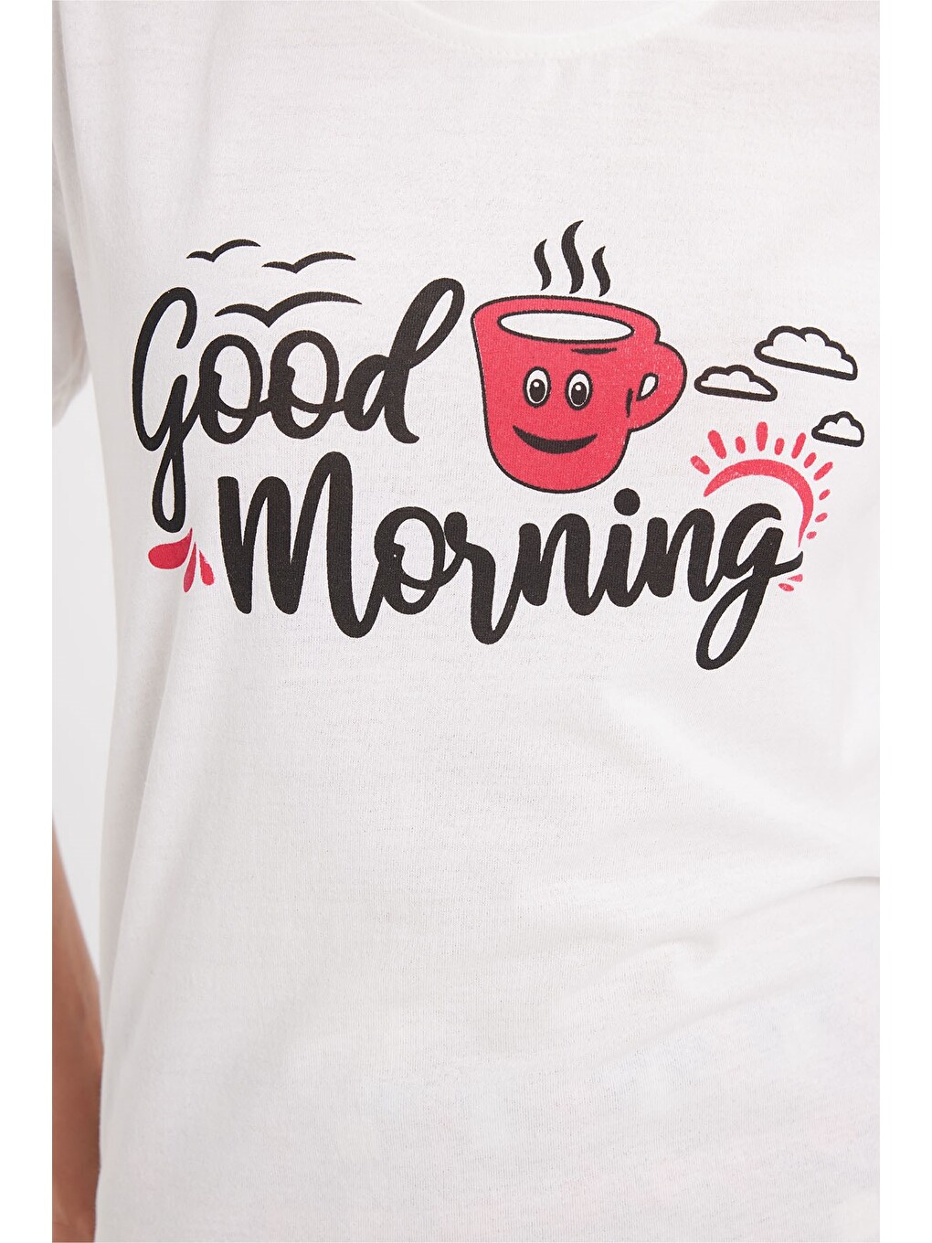 Kadın Regular Fit Klasik Kesim Pamuklu Bisiklet Yaka Kısa Kollu Baskılı Beyaz Pijama Takımı-4