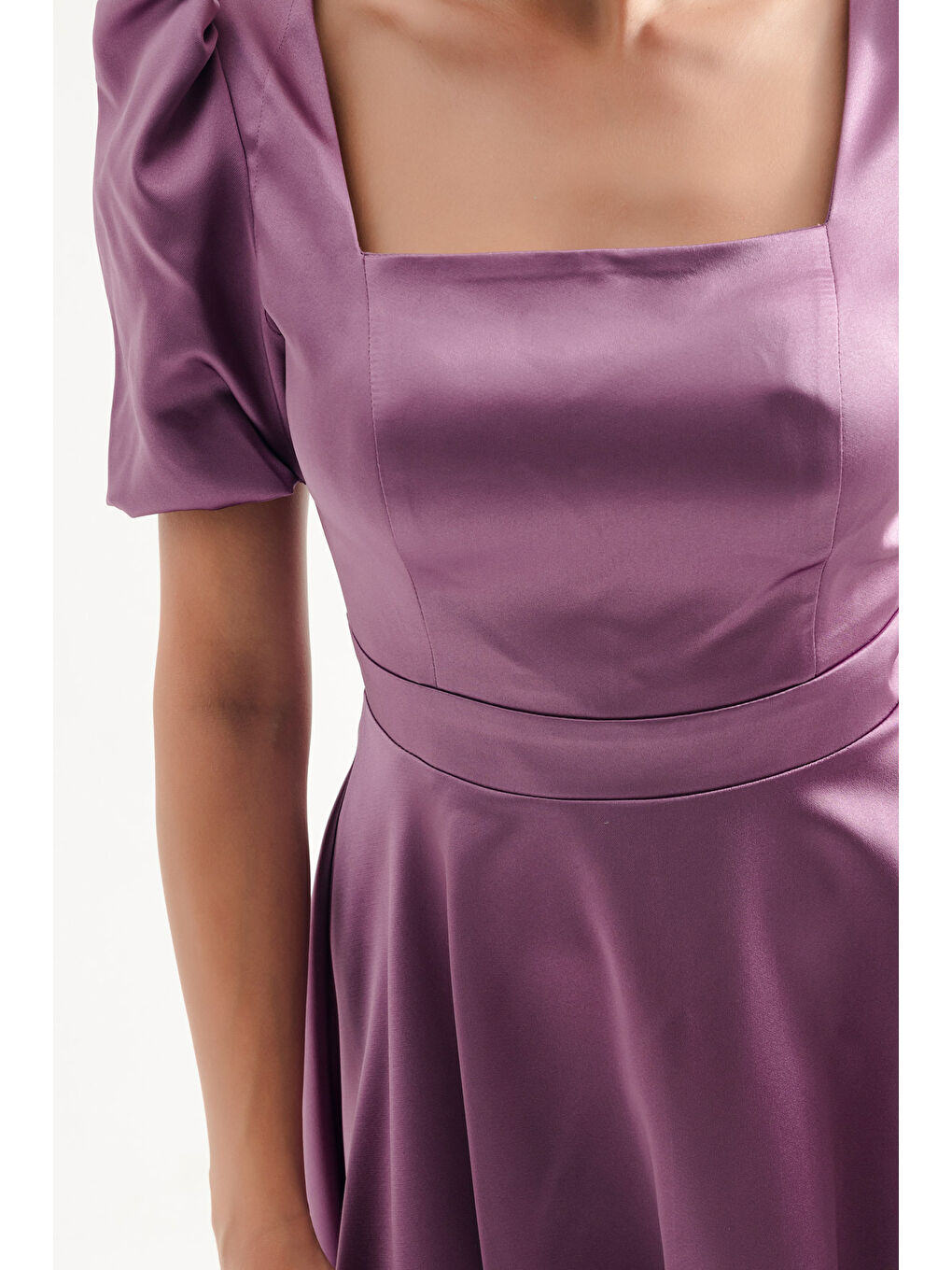 Lila Kadın Lavanta Balon Kol Kloş Kesim Mini Saten Abiye Elbise-3