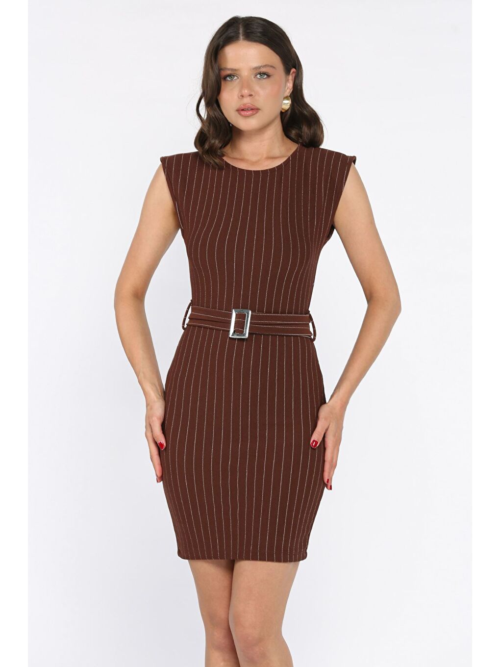 Kahverengi Kemerli Çizgi Desenli Kadın Elbise