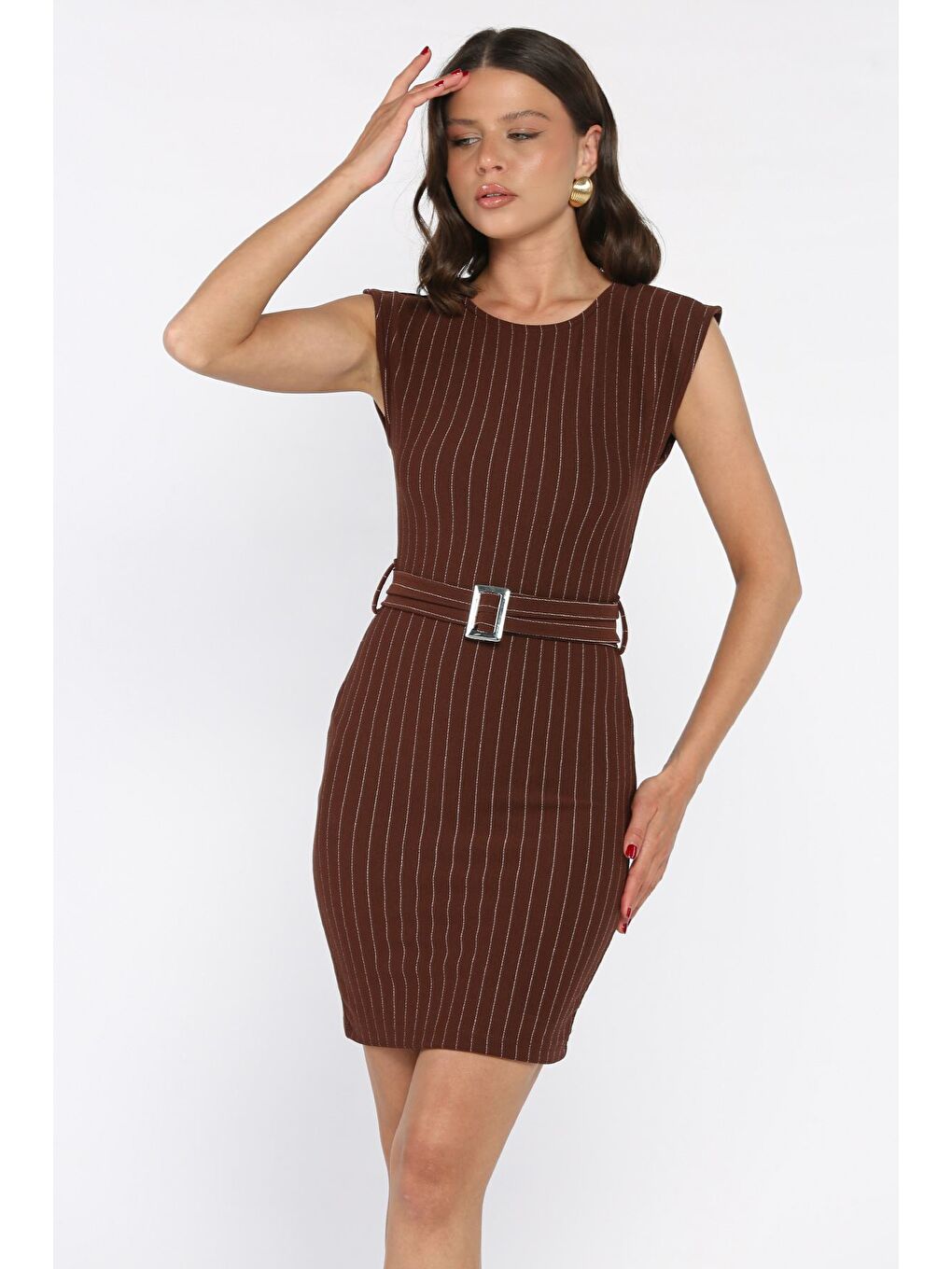 Kahverengi Kemerli Çizgi Desenli Kadın Elbise-1
