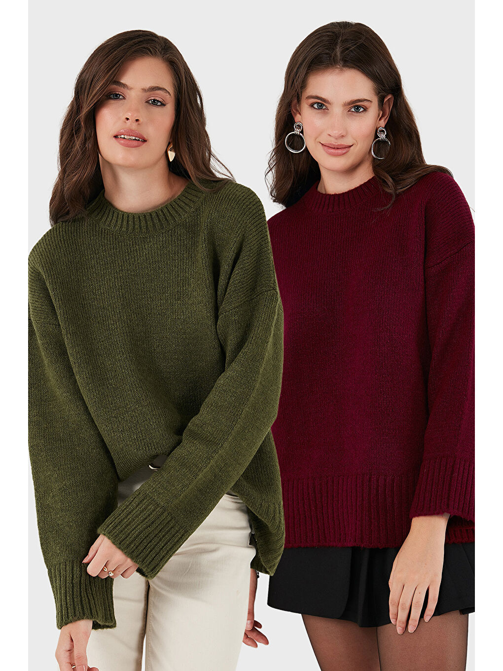 Haki Regular Fit Bisiklet Yaka Basic 2'li Paket Triko Kazak 4616213S2