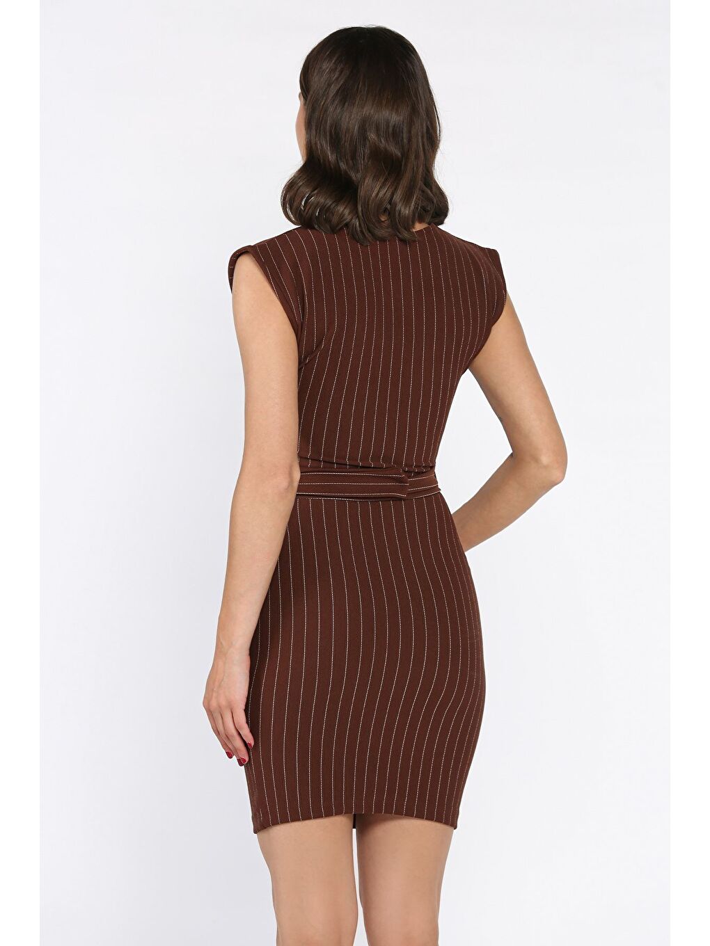 Kahverengi Kemerli Çizgi Desenli Kadın Elbise-2