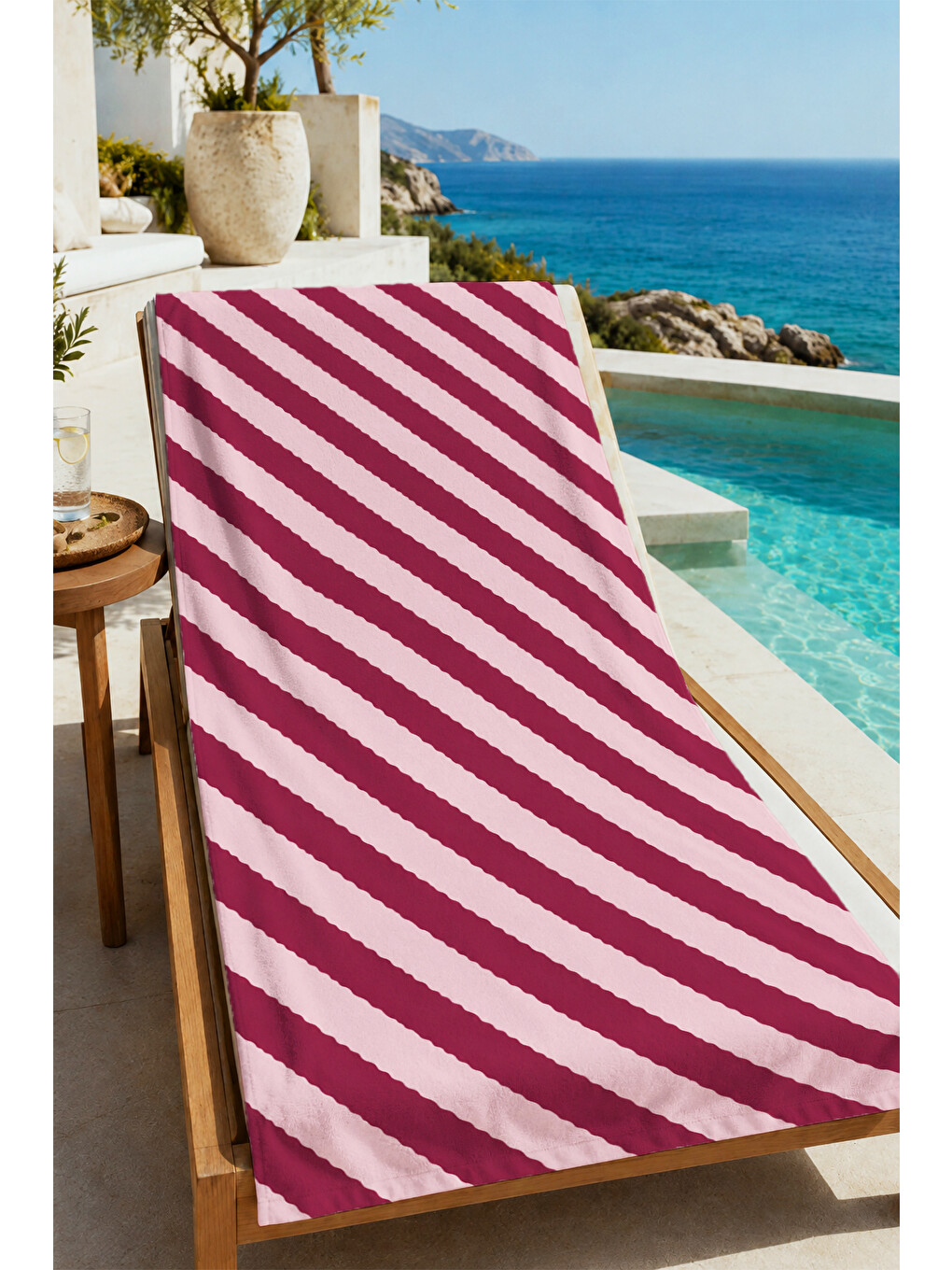 Milbay Grup Retro Bordo Pembe Çizgili Desenli 70x150 Plaj Havlusudijital Solmaz Banyo Havlusu-20024