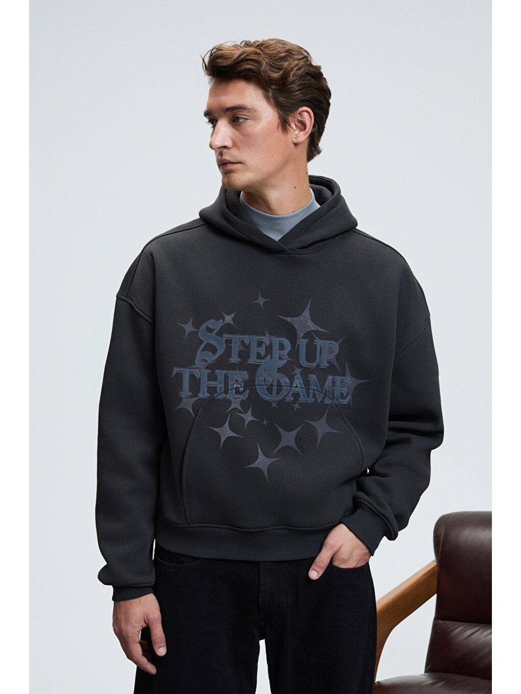 Truett Erkek Kapüşonlu Kanguru Cepli Önü Ve Sırtı Baskılı Oversize Antrasit Sweatshirt-2