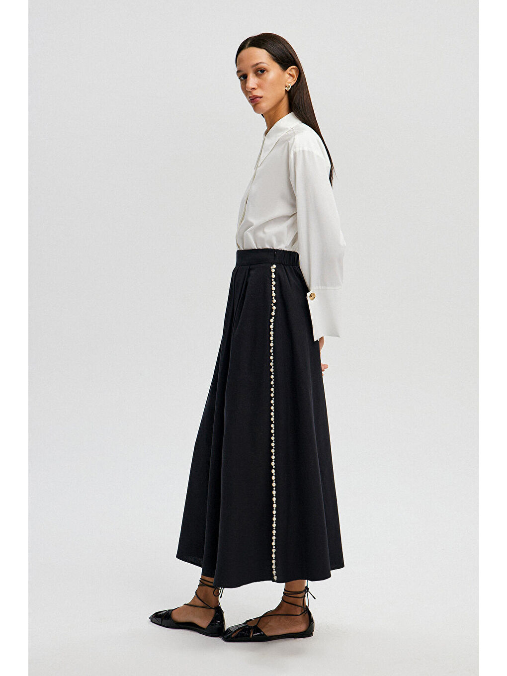 Siyah İnci Detaylı Keten Etek-3