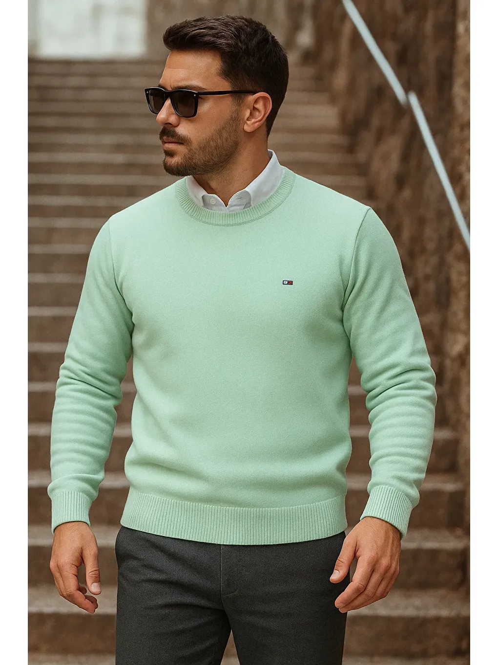 Yeşil Erkek Günlük Trend Bisiklet Yaka Mint Triko Kazak-1