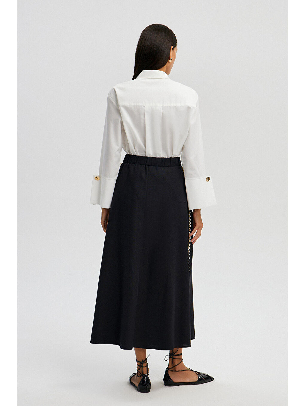Siyah İnci Detaylı Keten Etek-4